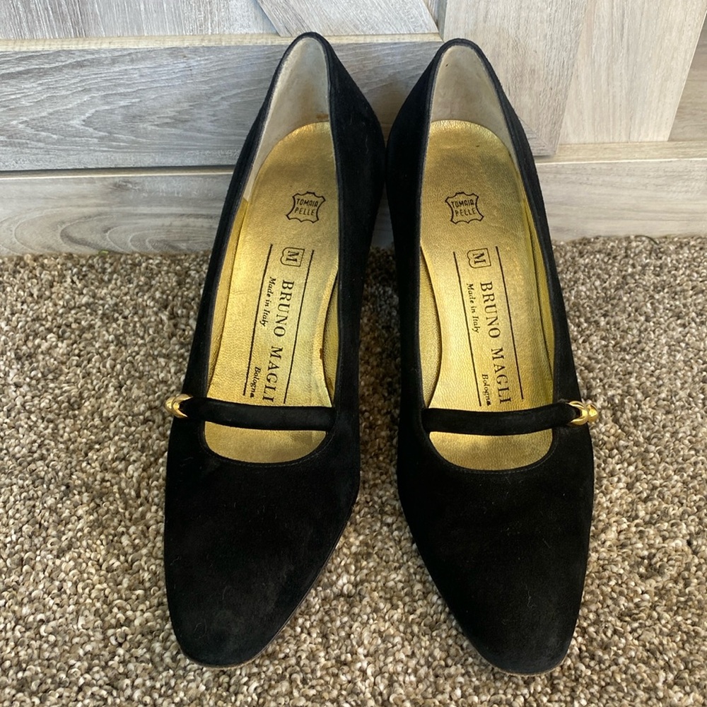 Bruno Magli Black Suede Mary Jane Heels with Gold Trim